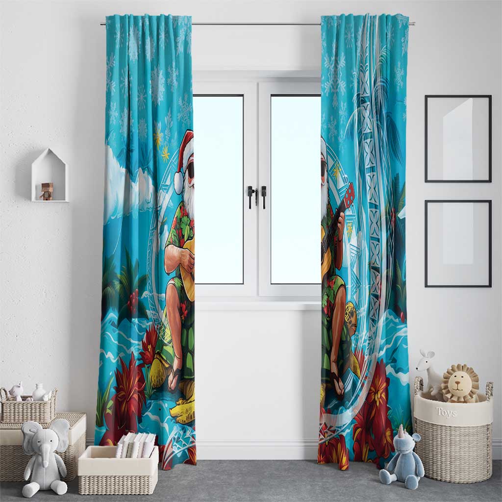 Hawaii Christmas Window Curtain Mele Kalikimaka Poinsettia Lei Polynesian - Blue