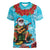 Hawaii Christmas Women V-Neck T-Shirt Mele Kalikimaka Poinsettia Lei Polynesian - Blue