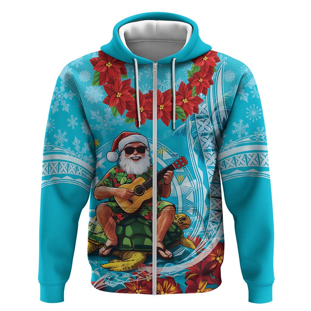 Hawaii Christmas Zip Hoodie Mele Kalikimaka Poinsettia Lei Polynesian - Blue