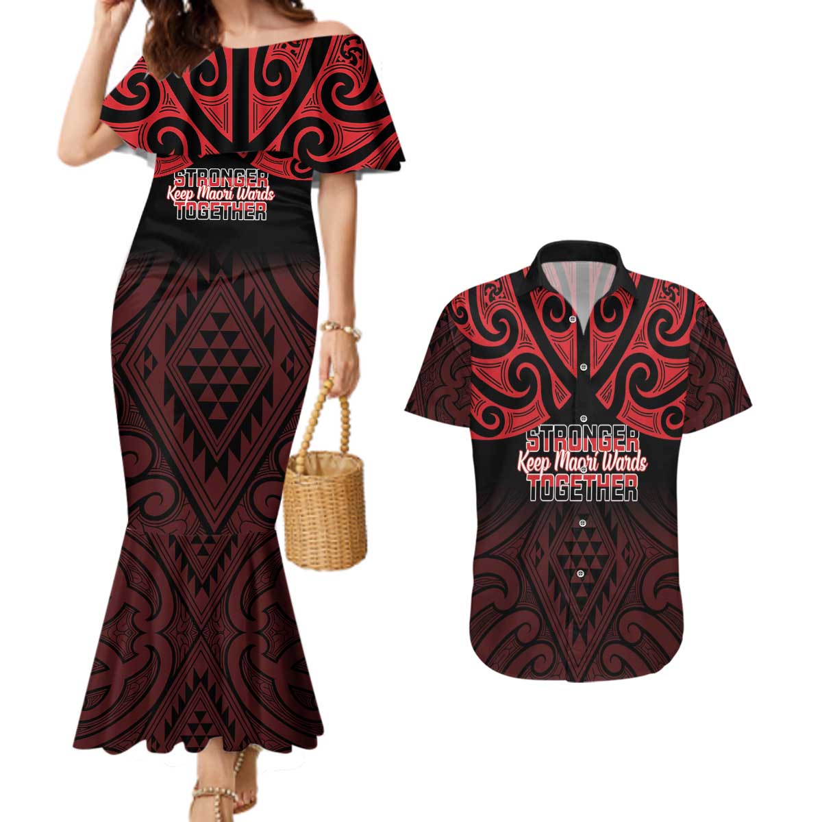 Personalised Keep Maori Wards New Zealand Couples Matching Mermaid Dress and Hawaiian Shirt Stronger Together Aotearoa Taniko - Polynesian Pride