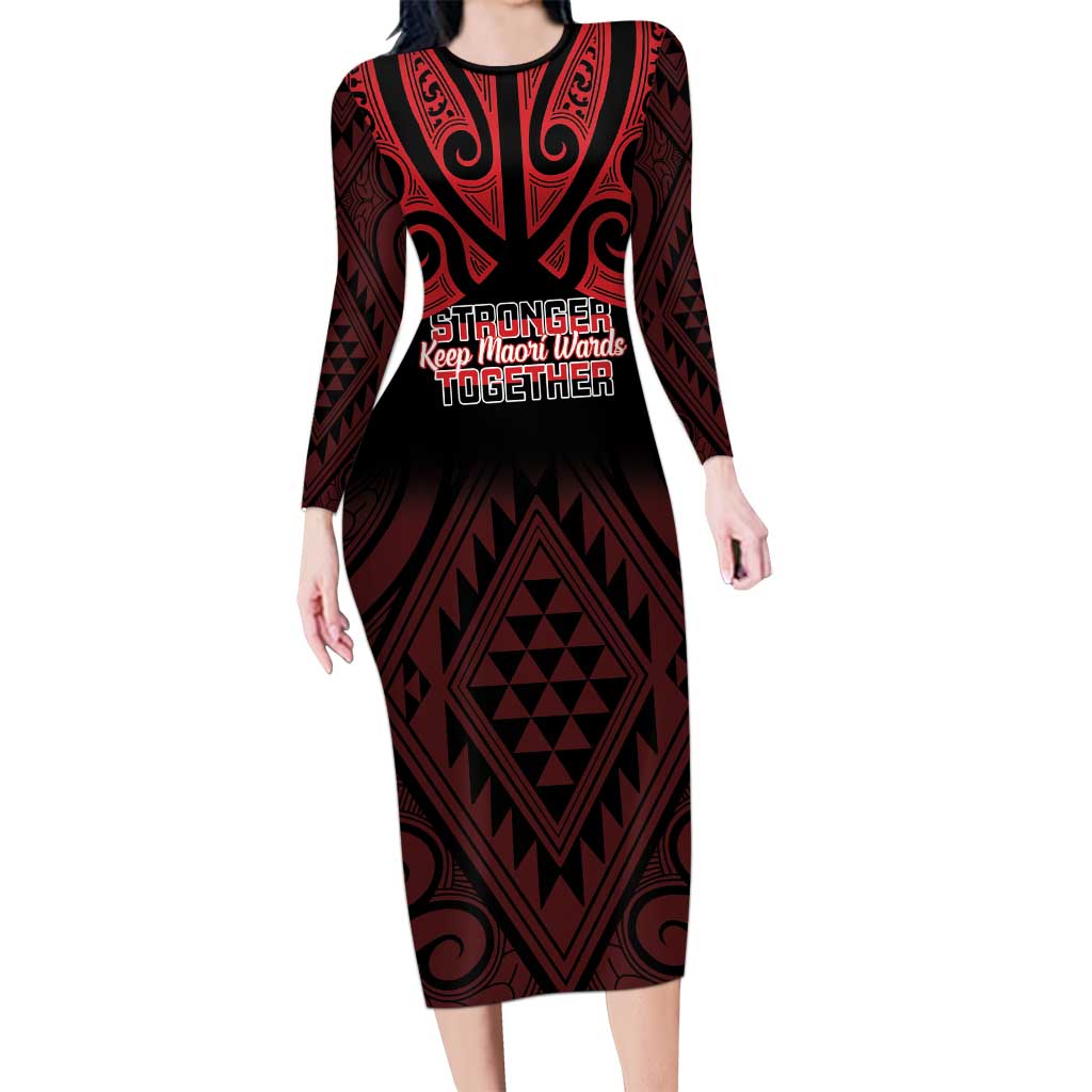 Personalised Keep Maori Wards New Zealand Long Sleeve Bodycon Dress Stronger Together Aotearoa Taniko - Polynesian Pride