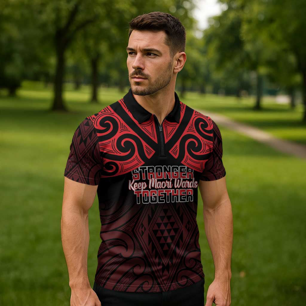 Personalised Keep Maori Wards New Zealand Zipper Polo Shirt Stronger Together Aotearoa Taniko - Polynesian Pride