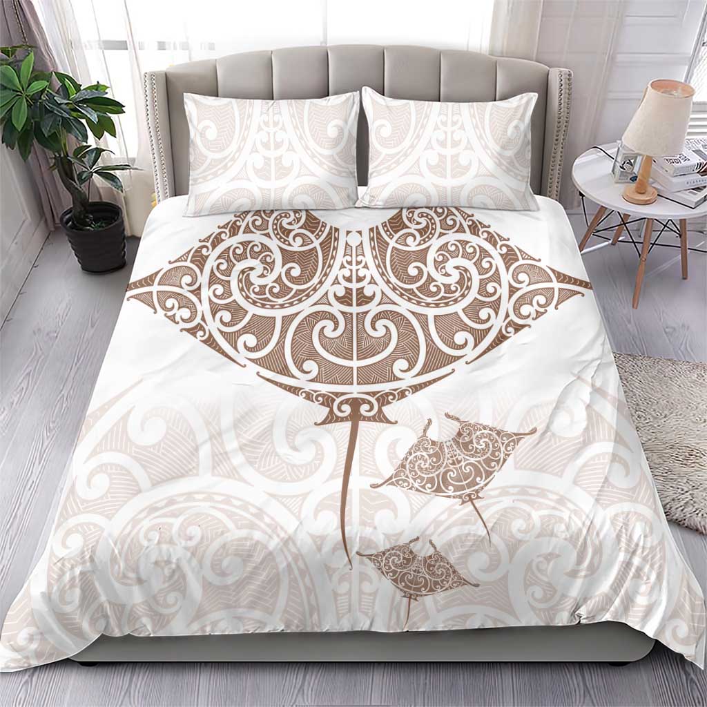 New Zealand Manta Ray Tattoo Bedding Set Aotearoa Maori Haehae Beige - Polynesian Pride