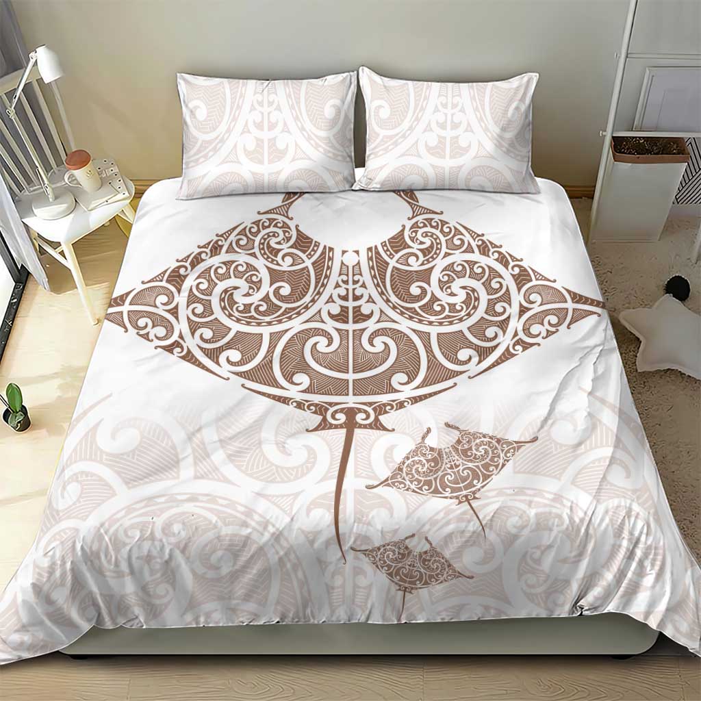 New Zealand Manta Ray Tattoo Bedding Set Aotearoa Maori Haehae Beige - Polynesian Pride