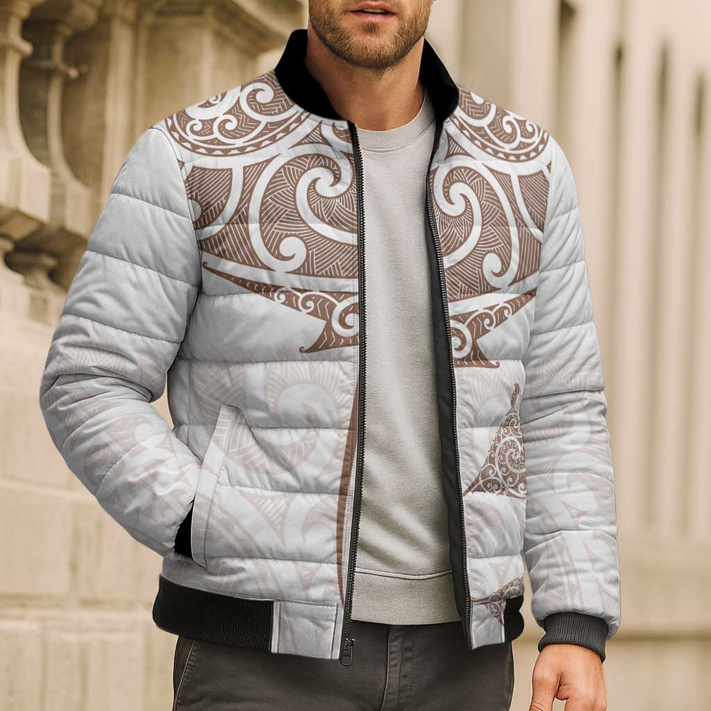 New Zealand Manta Ray Tattoo Bomber Puffer Jacket Aotearoa Maori Haehae Beige - Polynesian Pride