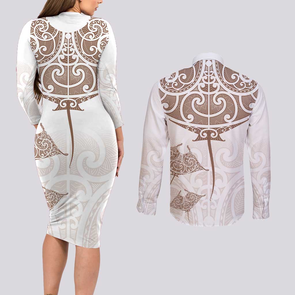 New Zealand Manta Ray Tattoo Couples Matching Long Sleeve Bodycon Dress and Long Sleeve Button Shirt Aotearoa Maori Haehae Beige - Polynesian Pride