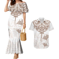 New Zealand Manta Ray Tattoo Couples Matching Mermaid Dress and Hawaiian Shirt Aotearoa Maori Haehae Beige - Polynesian Pride