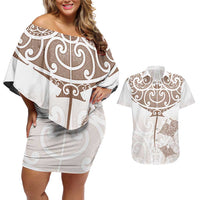 New Zealand Manta Ray Tattoo Couples Matching Off Shoulder Short Dress and Hawaiian Shirt Aotearoa Maori Haehae Beige - Polynesian Pride