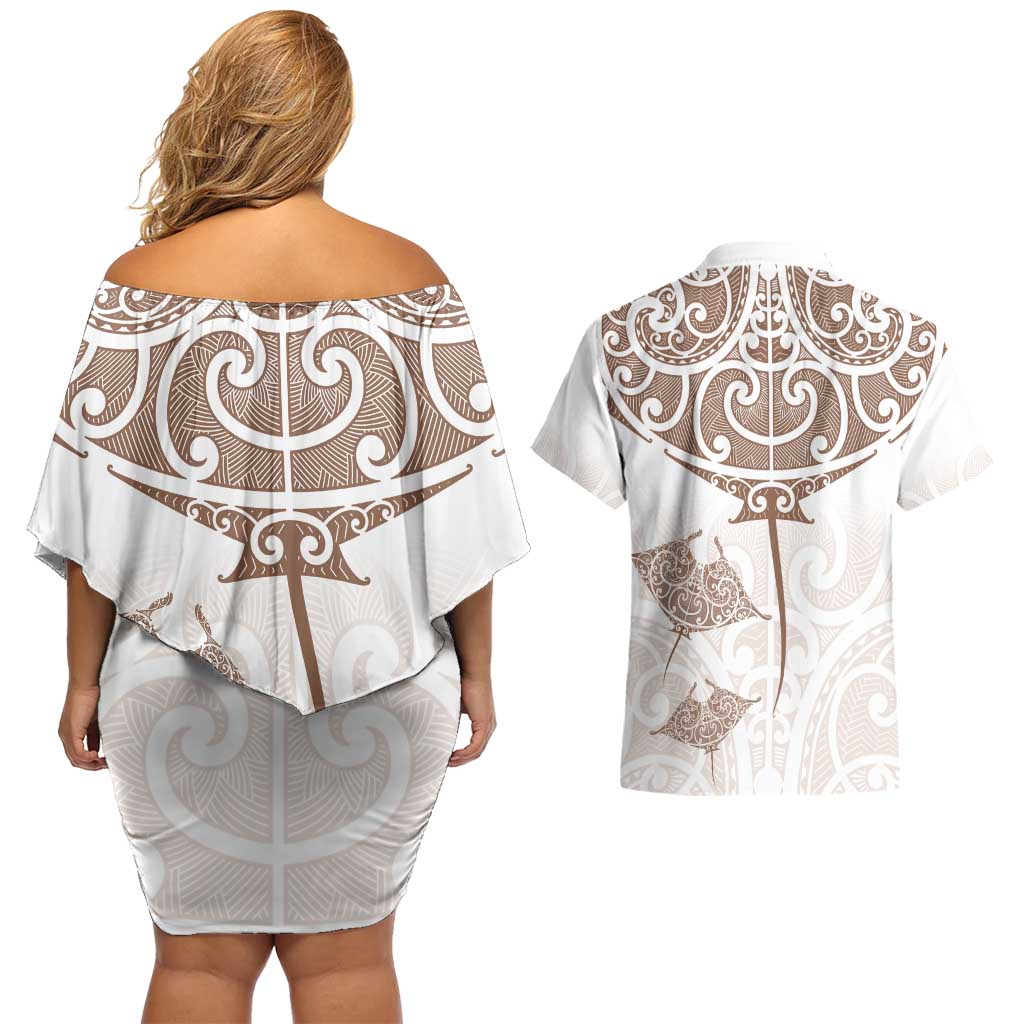 New Zealand Manta Ray Tattoo Couples Matching Off Shoulder Short Dress and Hawaiian Shirt Aotearoa Maori Haehae Beige - Polynesian Pride