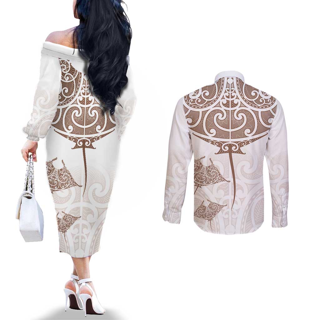 New Zealand Manta Ray Tattoo Couples Matching Off The Shoulder Long Sleeve Dress and Long Sleeve Button Shirt Aotearoa Maori Haehae Beige - Polynesian Pride