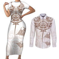 New Zealand Manta Ray Tattoo Couples Matching Short Sleeve Bodycon Dress and Long Sleeve Button Shirt Aotearoa Maori Haehae Beige - Polynesian Pride