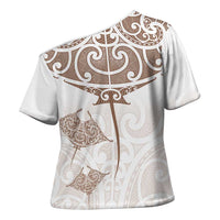 New Zealand Manta Ray Tattoo Cross Shoulder Shirt Aotearoa Maori Haehae Beige - Polynesian Pride