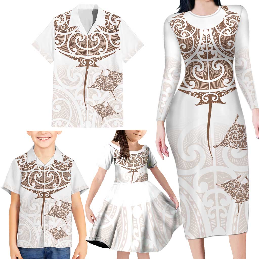 New Zealand Manta Ray Tattoo Family Matching Long Sleeve Bodycon Dress and Hawaiian Shirt Aotearoa Maori Haehae Beige - Polynesian Pride