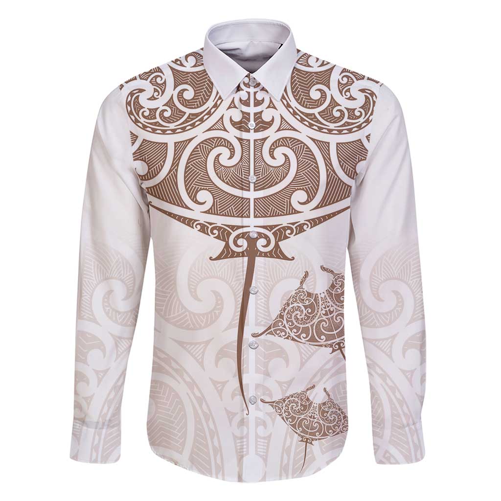 New Zealand Manta Ray Tattoo Family Matching Long Sleeve Bodycon Dress and Hawaiian Shirt Aotearoa Maori Haehae Beige - Polynesian Pride