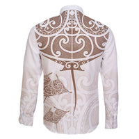 New Zealand Manta Ray Tattoo Family Matching Off The Shoulder Long Sleeve Dress and Hawaiian Shirt Aotearoa Maori Haehae Beige - Polynesian Pride