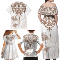 New Zealand Manta Ray Tattoo Family Matching Off Shoulder Maxi Dress and Hawaiian Shirt Aotearoa Maori Haehae Beige - Polynesian Pride