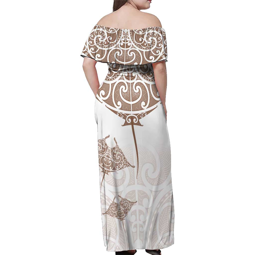 New Zealand Manta Ray Tattoo Family Matching Off Shoulder Maxi Dress and Hawaiian Shirt Aotearoa Maori Haehae Beige - Polynesian Pride