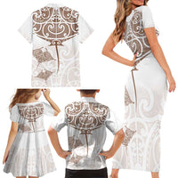 New Zealand Manta Ray Tattoo Family Matching Short Sleeve Bodycon Dress and Hawaiian Shirt Aotearoa Maori Haehae Beige - Polynesian Pride