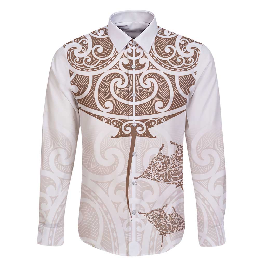 New Zealand Manta Ray Tattoo Family Matching Short Sleeve Bodycon Dress and Hawaiian Shirt Aotearoa Maori Haehae Beige - Polynesian Pride