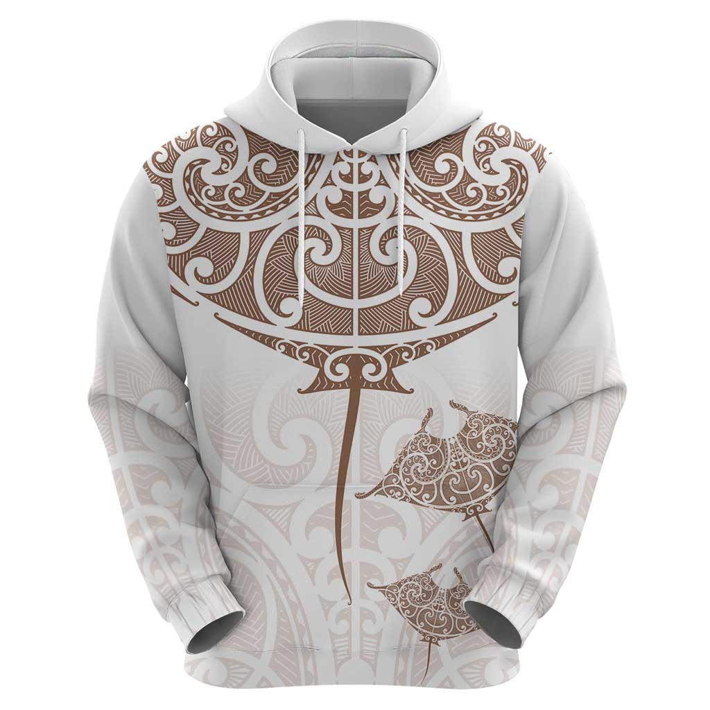 New Zealand Manta Ray Tattoo Hoodie Aotearoa Maori Haehae Beige - Polynesian Pride