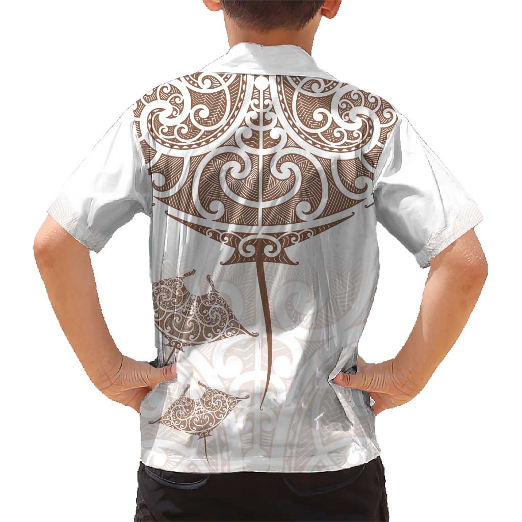 New Zealand Manta Ray Tattoo Kid Hawaiian Shirt Aotearoa Maori Haehae Beige - Polynesian Pride