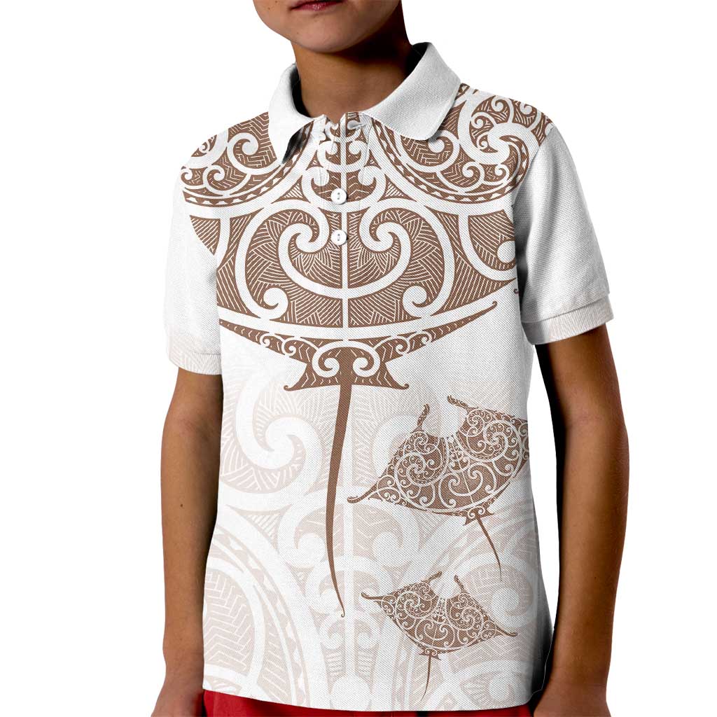 New Zealand Manta Ray Tattoo Kid Polo Shirt Aotearoa Maori Haehae Beige - Polynesian Pride