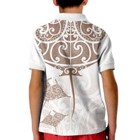 New Zealand Manta Ray Tattoo Kid Polo Shirt Aotearoa Maori Haehae Beige - Polynesian Pride