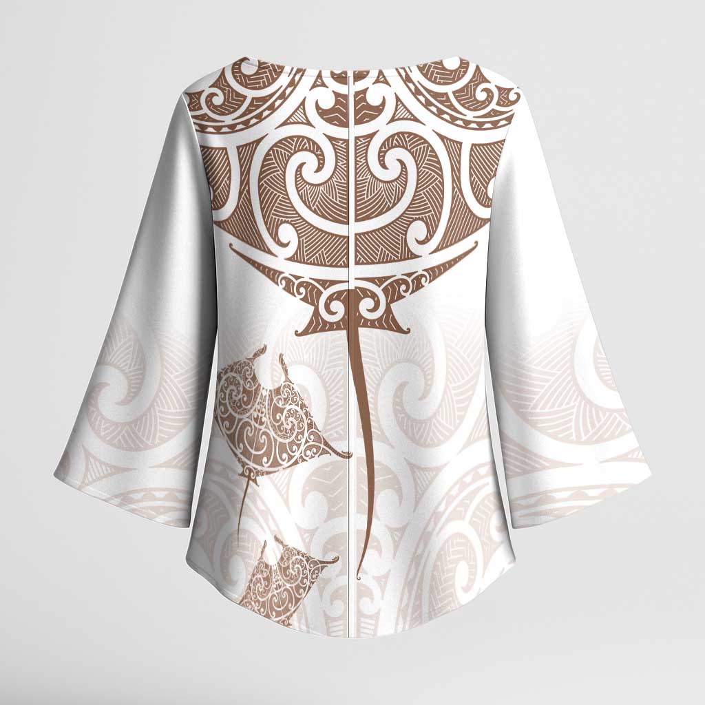 New Zealand Manta Ray Tattoo Kimono Sleeve Blouse Aotearoa Maori Haehae Beige - Polynesian Pride