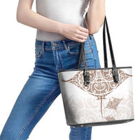 New Zealand Manta Ray Tattoo Leather Tote Bag Aotearoa Maori Haehae Beige - Polynesian Pride