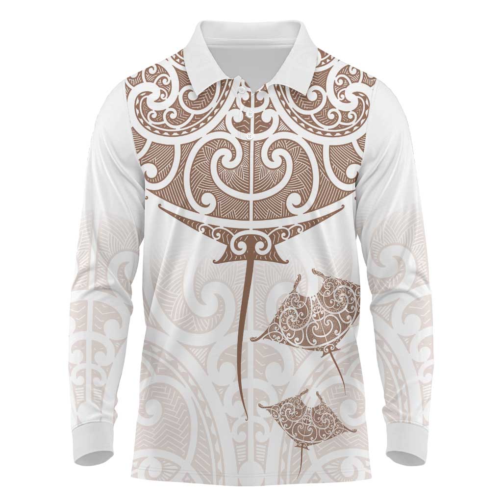 New Zealand Manta Ray Tattoo Long Sleeve Polo Shirt Aotearoa Maori Haehae Beige - Polynesian Pride