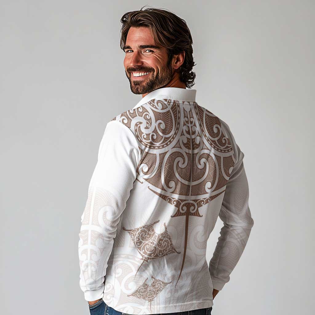 New Zealand Manta Ray Tattoo Long Sleeve Polo Shirt Aotearoa Maori Haehae Beige - Polynesian Pride