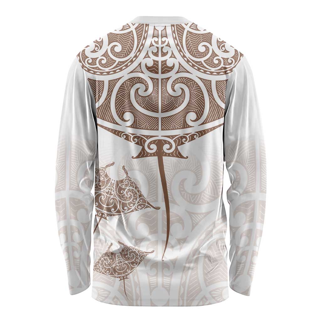 New Zealand Manta Ray Tattoo Long Sleeve Shirt Aotearoa Maori Haehae Beige - Polynesian Pride