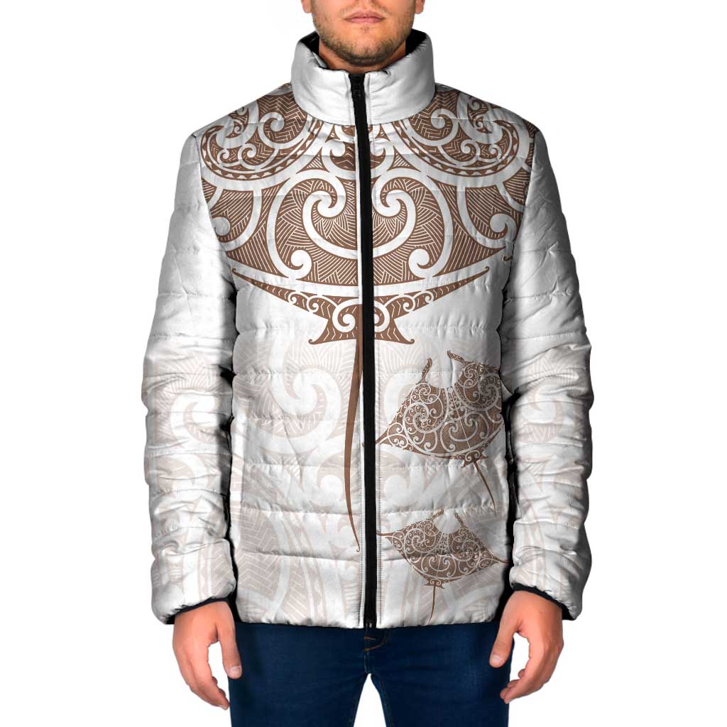 New Zealand Manta Ray Tattoo Padded Jacket Aotearoa Maori Haehae Beige - Polynesian Pride