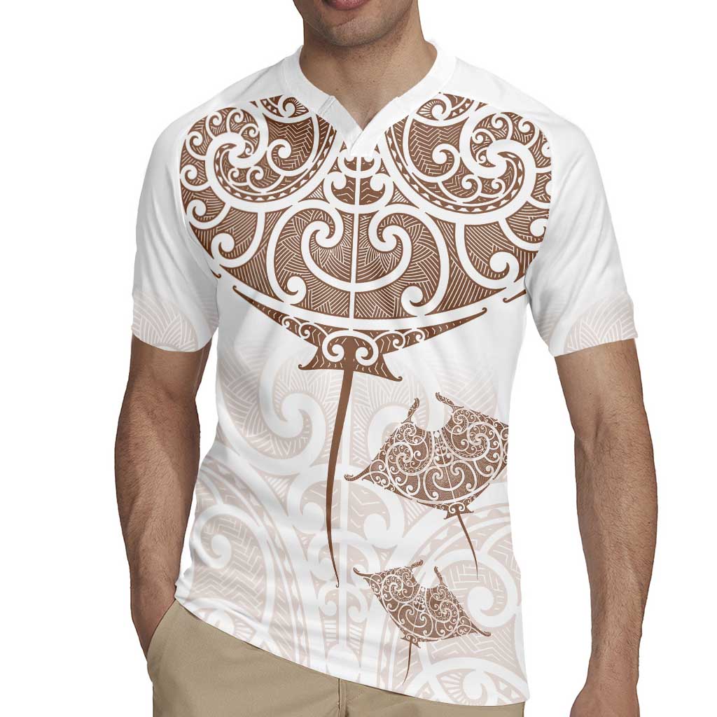 New Zealand Manta Ray Tattoo Rugby Jersey Aotearoa Maori Haehae Beige - Polynesian Pride