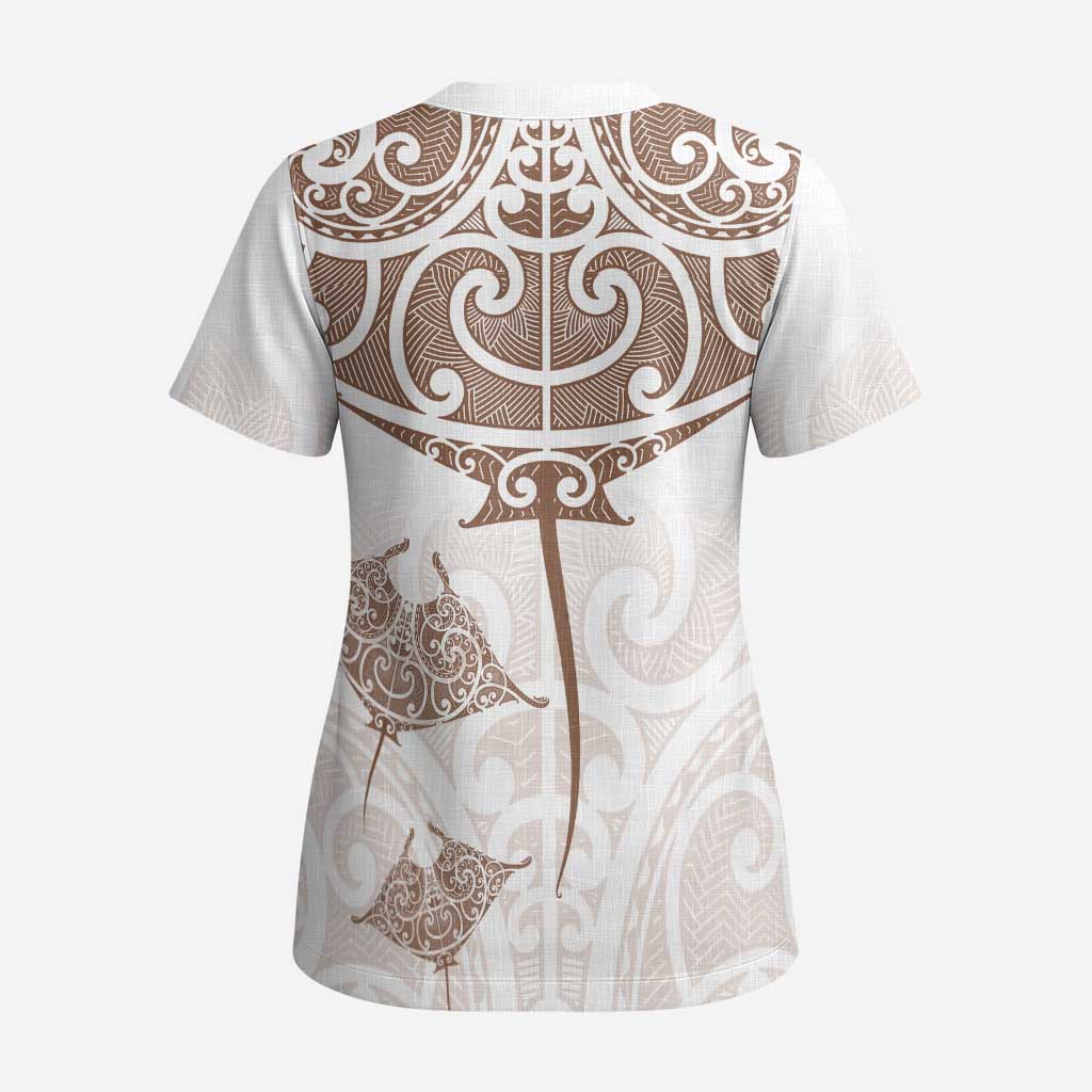 New Zealand Manta Ray Tattoo Scrub Top Aotearoa Maori Haehae Beige - Polynesian Pride