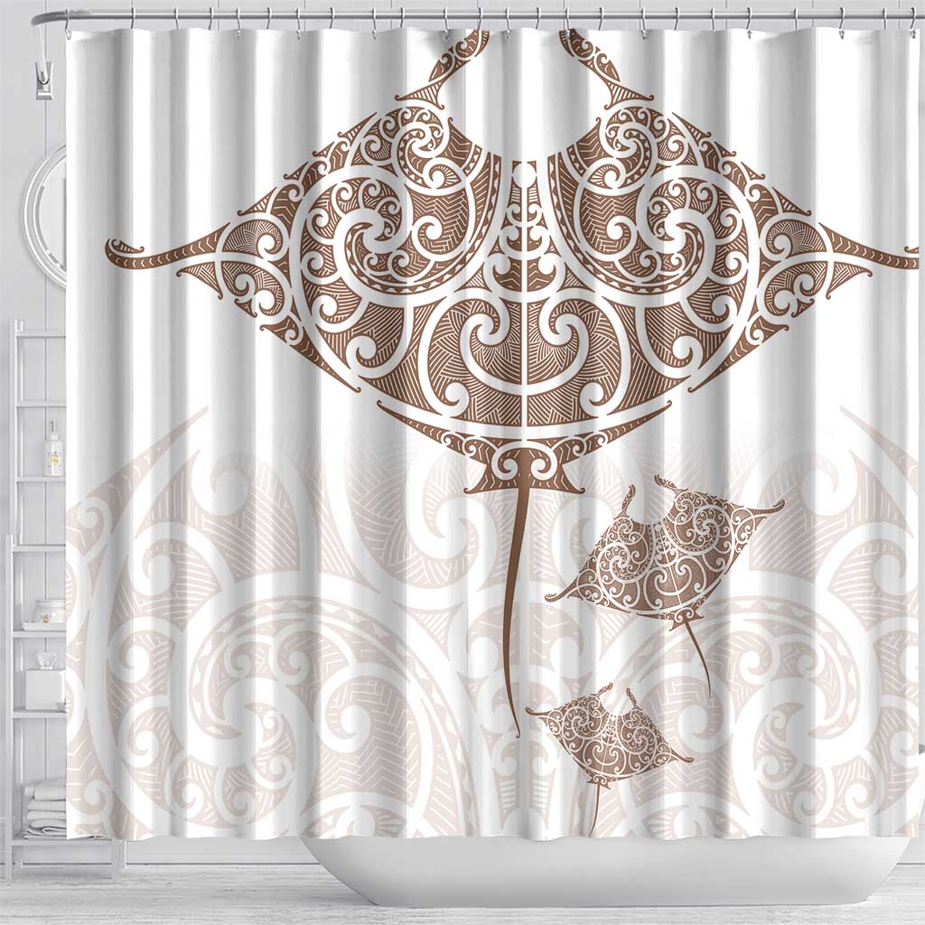 New Zealand Manta Ray Tattoo Shower Curtain Aotearoa Maori Haehae Beige - Polynesian Pride
