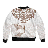 New Zealand Manta Ray Tattoo Sleeve Zip Bomber Jacket Aotearoa Maori Haehae Beige - Polynesian Pride