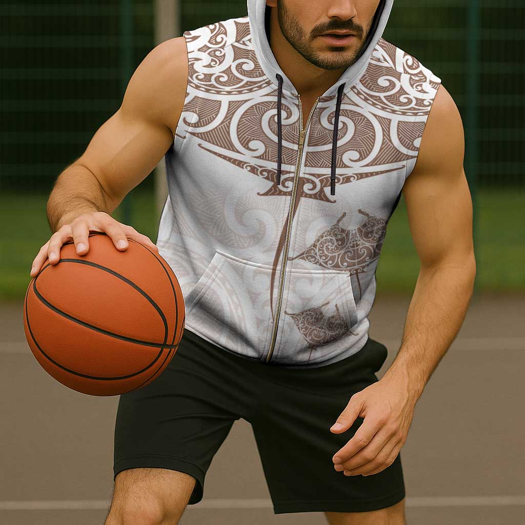 New Zealand Manta Ray Tattoo Sleeveless Zip Hoodie Aotearoa Maori Haehae Beige - Polynesian Pride