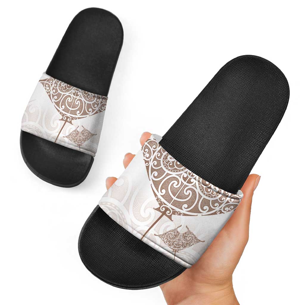 New Zealand Manta Ray Tattoo Slide Sandals Aotearoa Maori Haehae Beige - Polynesian Pride
