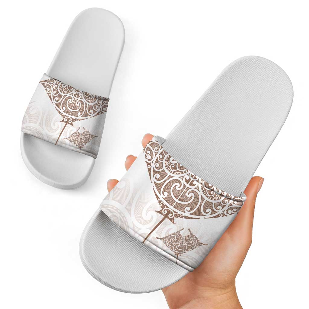 New Zealand Manta Ray Tattoo Slide Sandals Aotearoa Maori Haehae Beige - Polynesian Pride