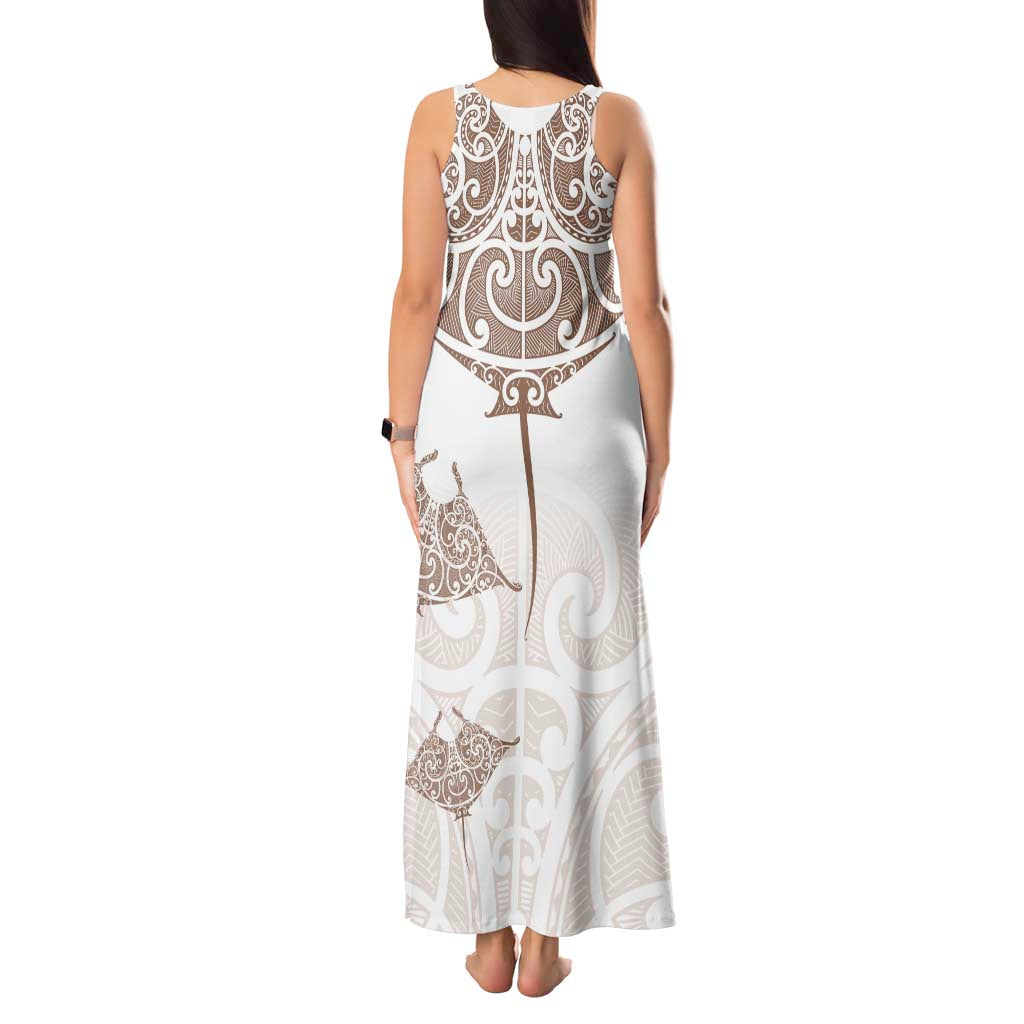 New Zealand Manta Ray Tattoo Tank Maxi Dress Aotearoa Maori Haehae Beige - Polynesian Pride