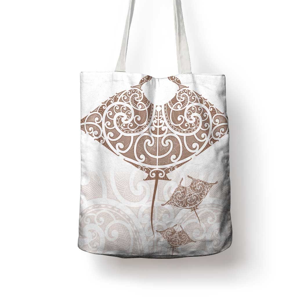 New Zealand Manta Ray Tattoo Tote Bag Aotearoa Maori Haehae Beige - Polynesian Pride