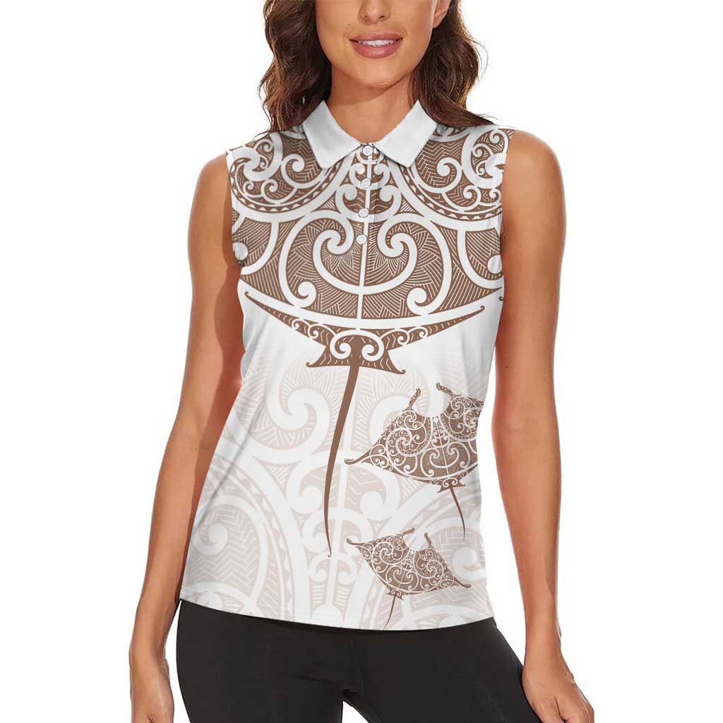 New Zealand Manta Ray Tattoo Women Sleeveless Polo Shirt Aotearoa Maori Haehae Beige - Polynesian Pride