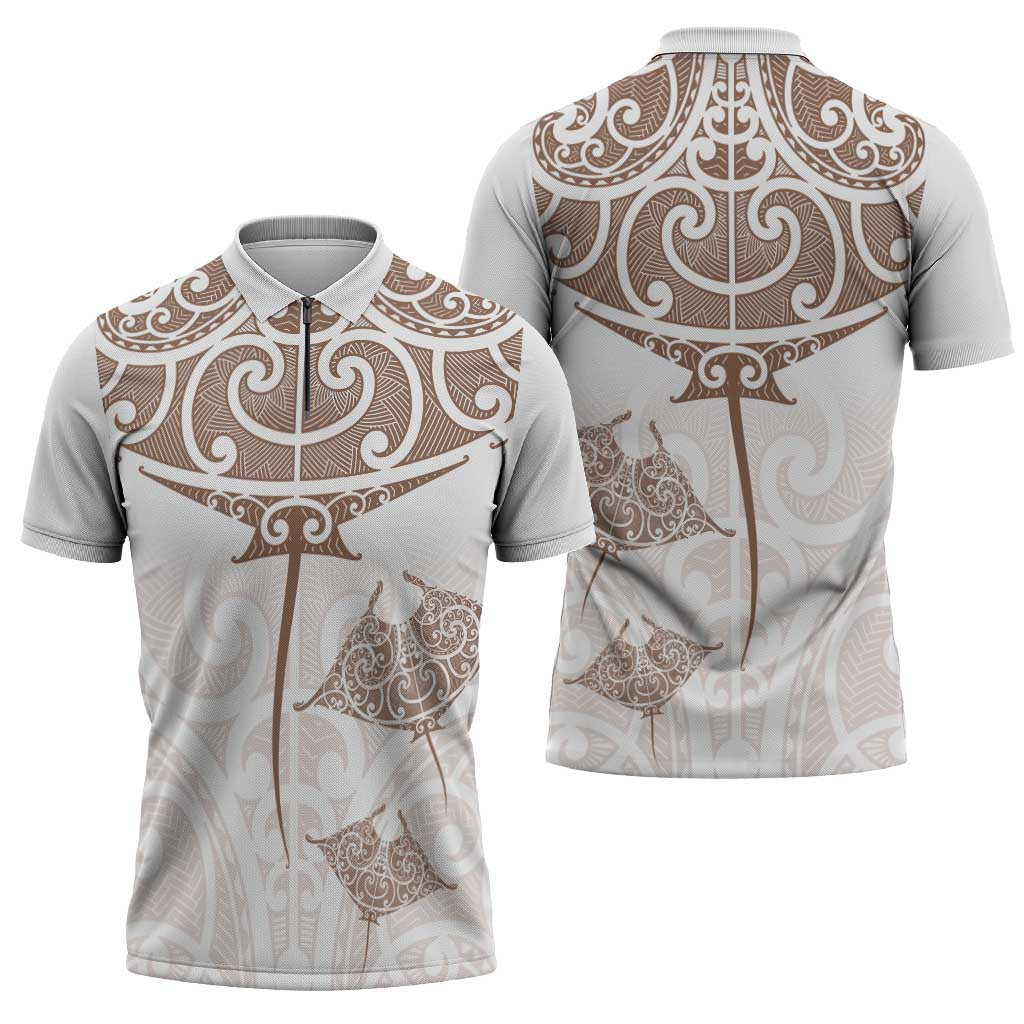 New Zealand Manta Ray Tattoo Zipper Polo Shirt Aotearoa Maori Haehae Beige - Polynesian Pride