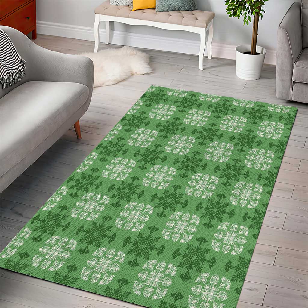 Green Hawaiian Quilt Area Rug Hawaii Pineapple Monstera Palaka Motifs - Polynesian Pride