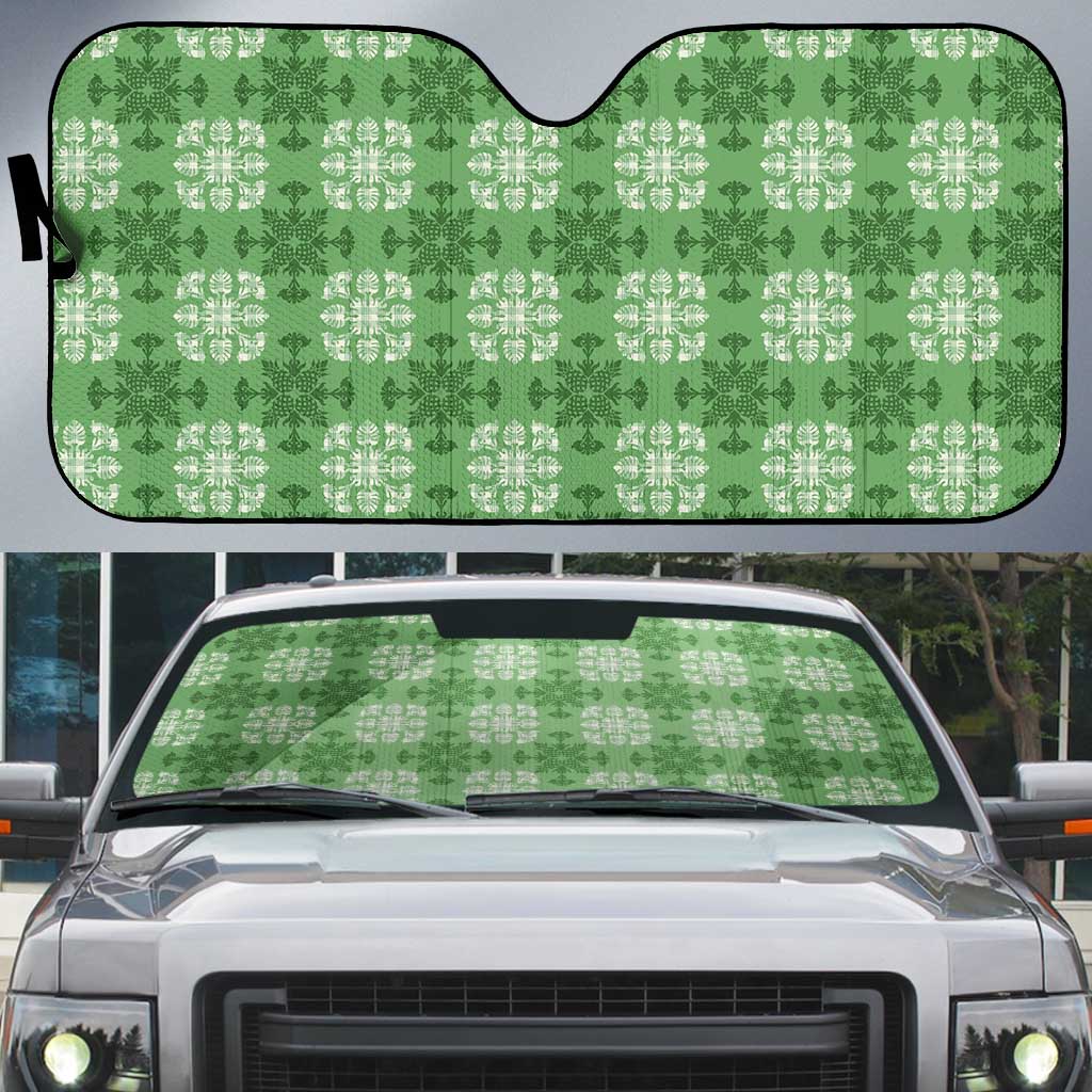 Green Hawaiian Quilt Auto Sun Shade Hawaii Pineapple Monstera Palaka Motifs - Polynesian Pride
