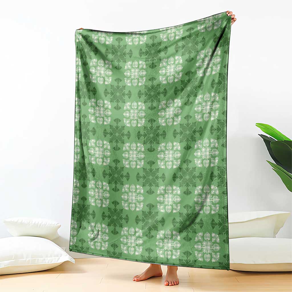 Green Hawaiian Quilt Blanket Hawaii Pineapple Monstera Palaka Motifs - Polynesian Pride