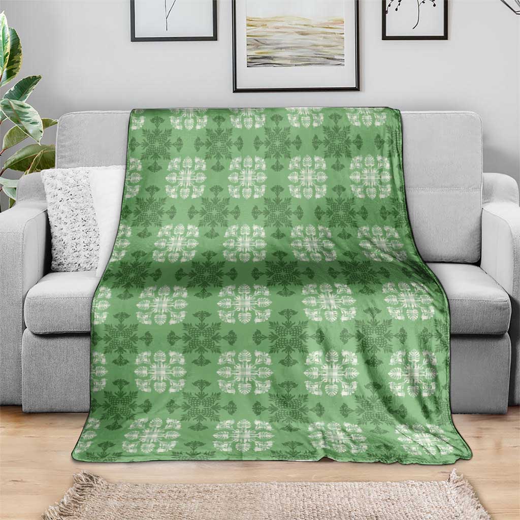 Green Hawaiian Quilt Blanket Hawaii Pineapple Monstera Palaka Motifs - Polynesian Pride