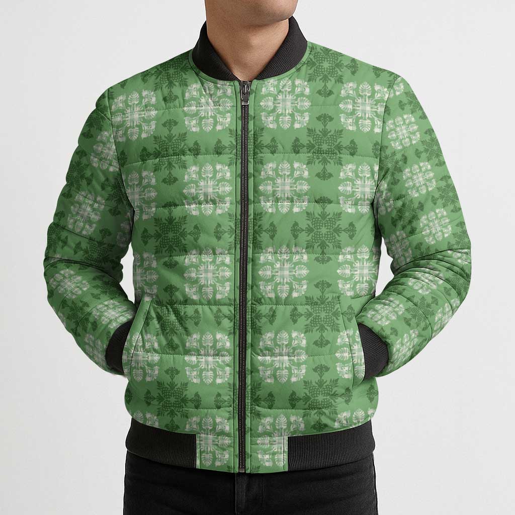 Green Hawaiian Quilt Bomber Puffer Jacket Hawaii Pineapple Monstera Palaka Motifs - Polynesian Pride