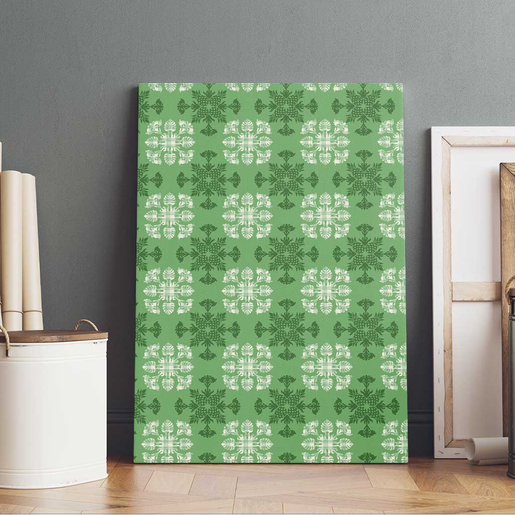 Green Hawaiian Quilt Canvas Wall Art Hawaii Pineapple Monstera Palaka Motifs - Polynesian Pride